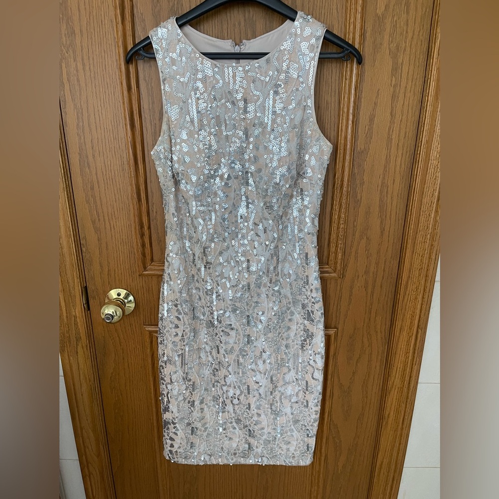 Aidan by Aidan Mattox Silver Sequin Midi Dress